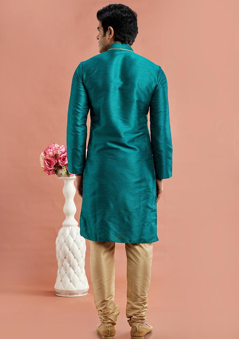 Teal Blue Embroidered Silk Kurta Set For Men