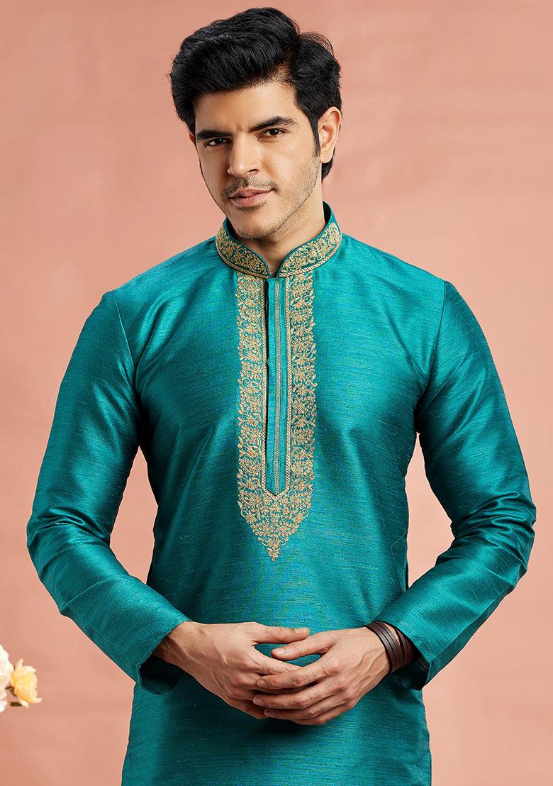 Teal Blue Embroidered Silk Kurta Set For Men