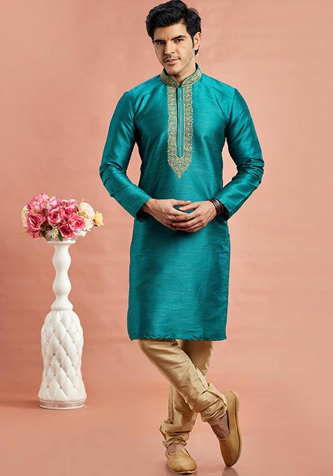 Teal Blue Embroidered Silk Kurta Set For Men