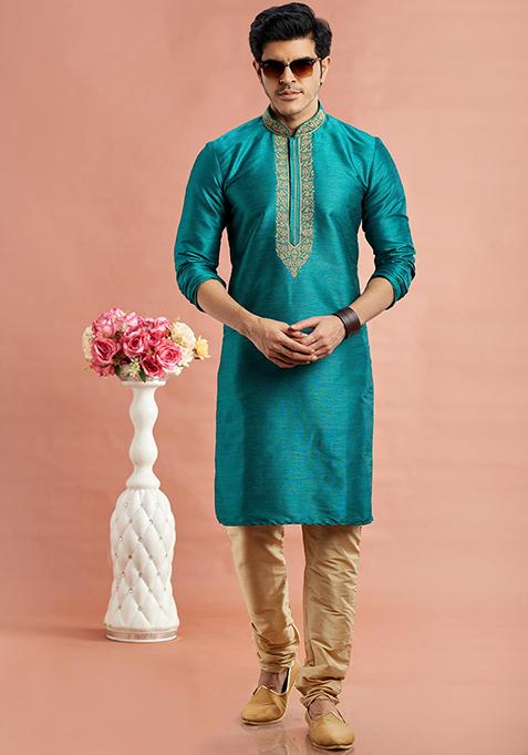 Teal Blue Embroidered Silk Kurta Set For Men