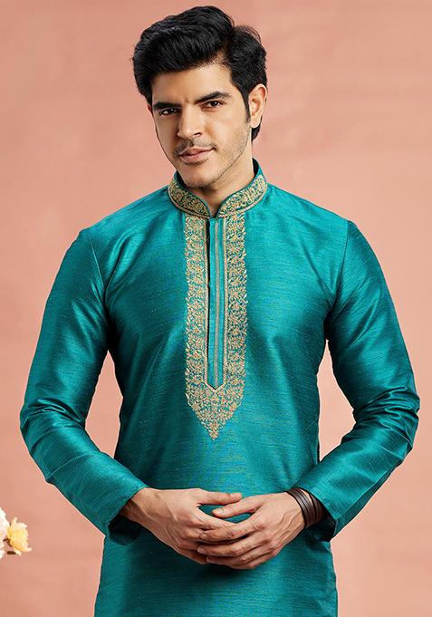 Teal Blue Embroidered Silk Kurta Set For Men