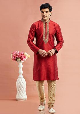 Maroon Embroidered Silk Kurta Set For Men