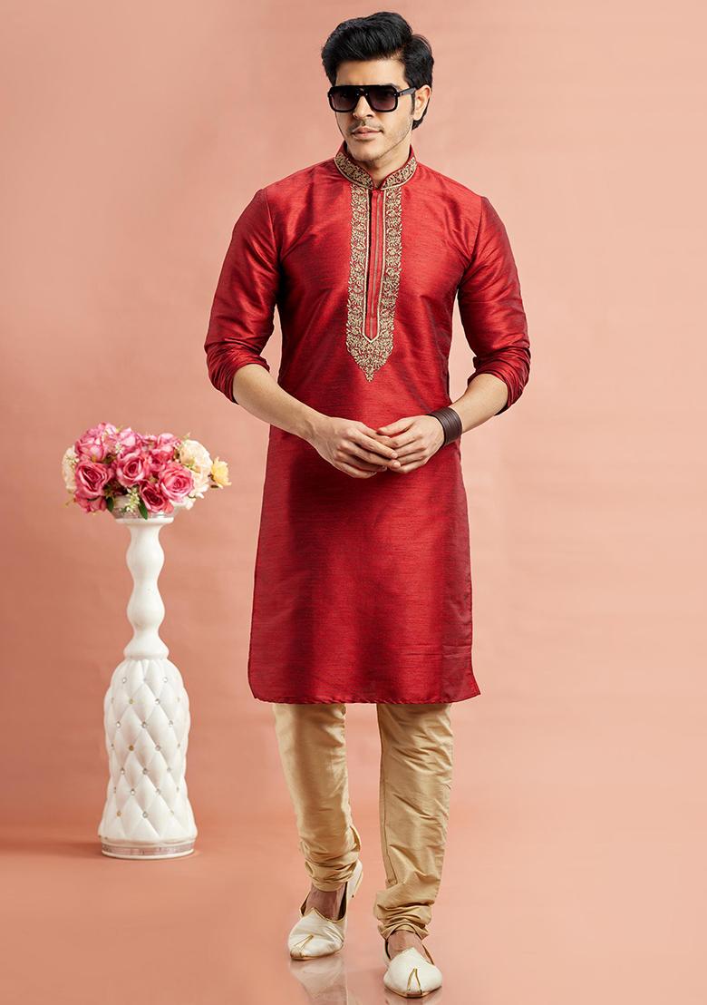 Maroon Embroidered Silk Kurta Set For Men