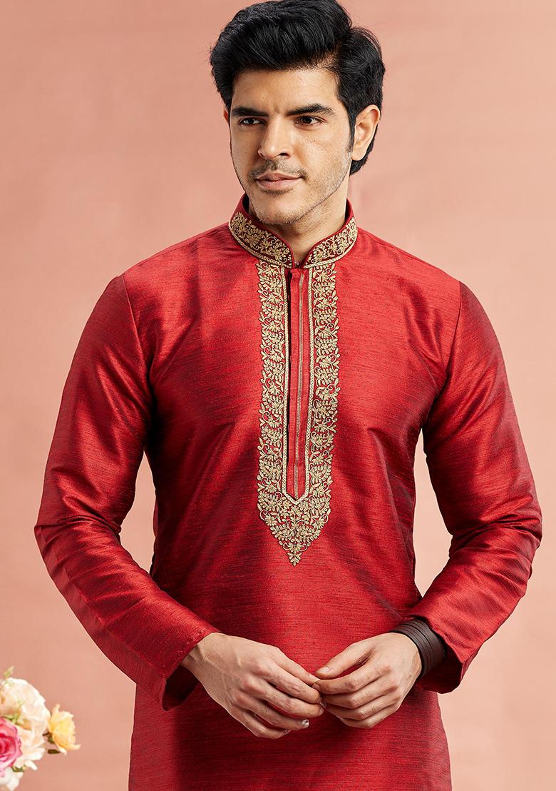 Maroon Embroidered Silk Kurta Set For Men