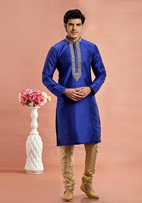 Blue Embroidered Silk Kurta Set For Men