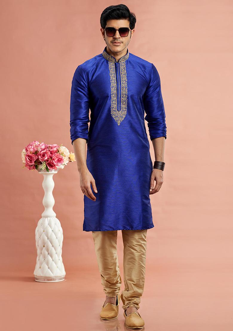 Blue Embroidered Silk Kurta Set For Men