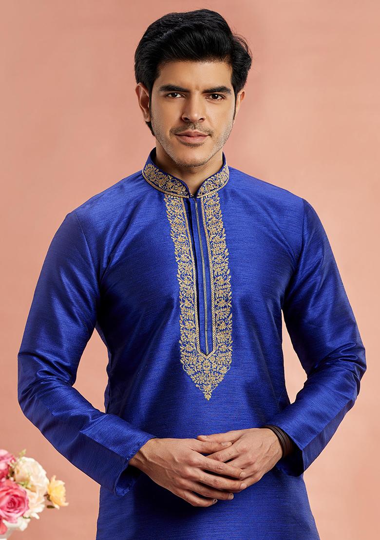 Blue Embroidered Silk Kurta Set For Men