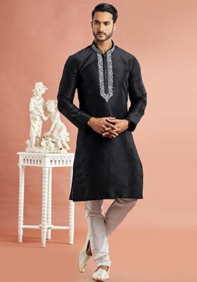 Black Embroidered Silk Kurta Set For Men
