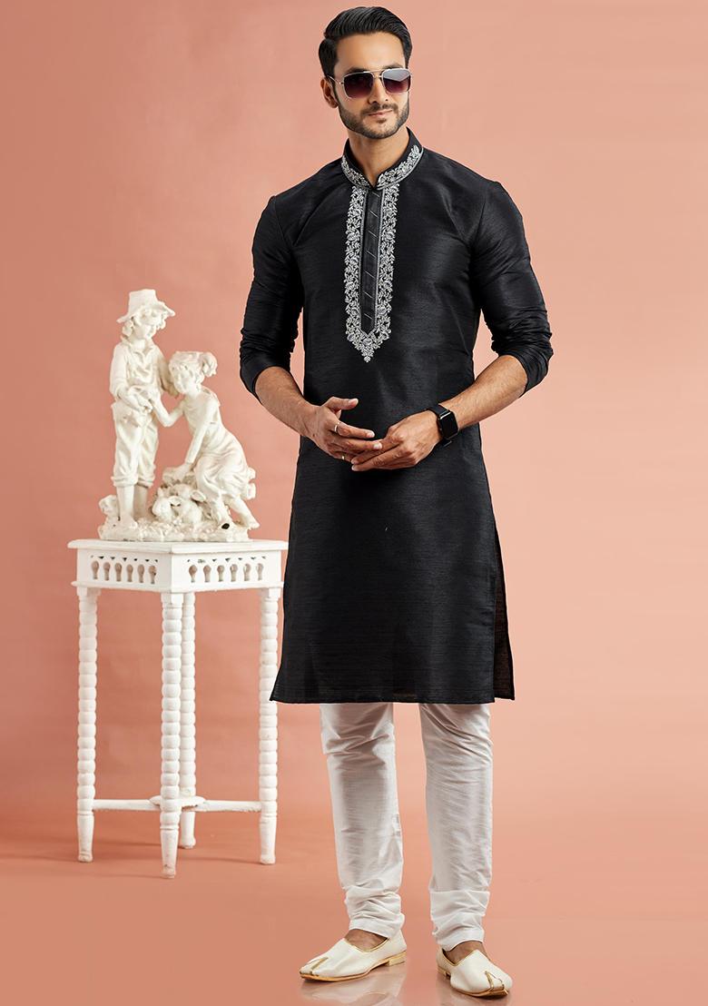 Black Embroidered Silk Kurta Set For Men