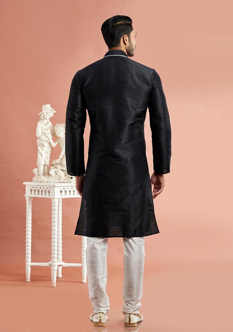 Black Embroidered Silk Kurta Set For Men
