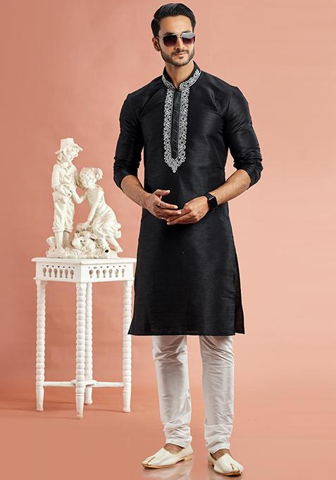 Black Embroidered Silk Kurta Set For Men