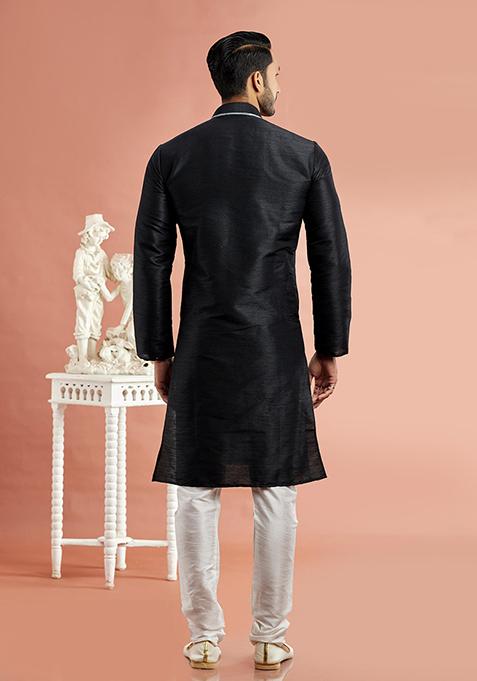 Black Embroidered Silk Kurta Set For Men