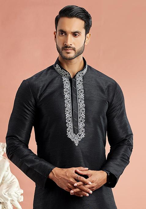 Black Embroidered Silk Kurta Set For Men