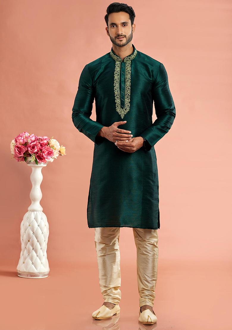 Green Embroidered Silk Kurta Set For Men