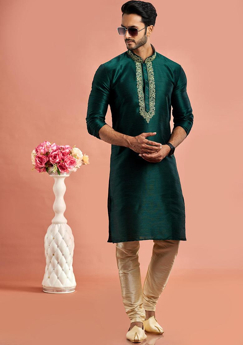 Green Embroidered Silk Kurta Set For Men