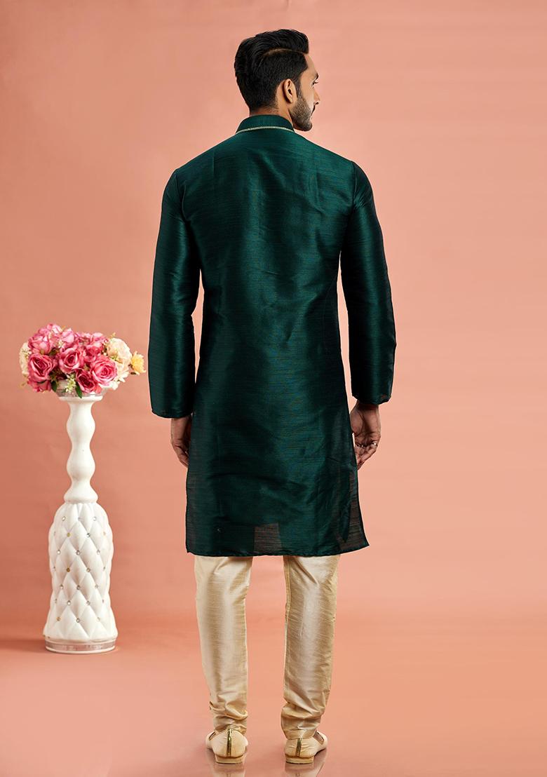 Green Embroidered Silk Kurta Set For Men
