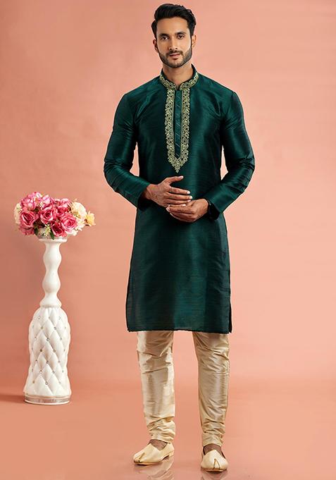 Green Embroidered Silk Kurta Set For Men