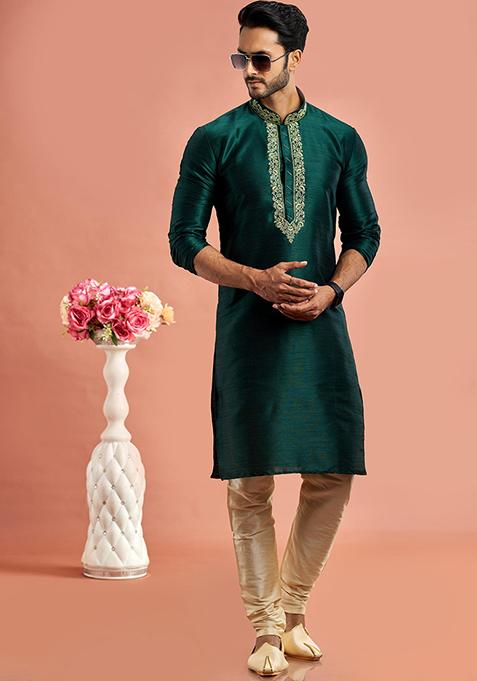 Green Embroidered Silk Kurta Set For Men