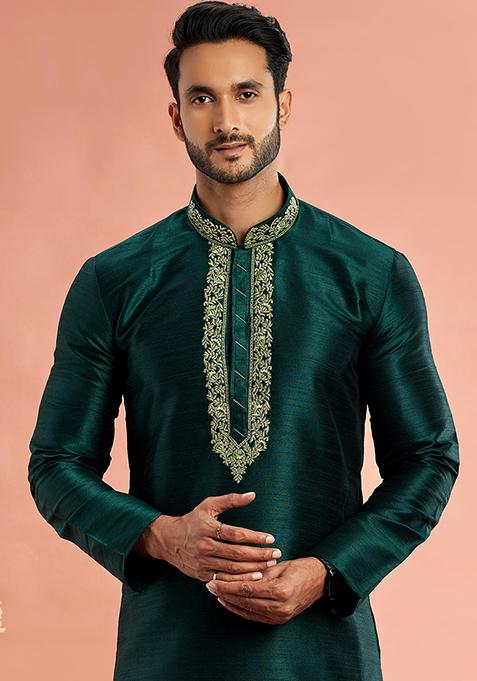 Green Embroidered Silk Kurta Set For Men