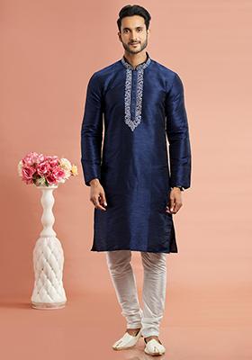 Blue Embroidered Silk Kurta Set For Men