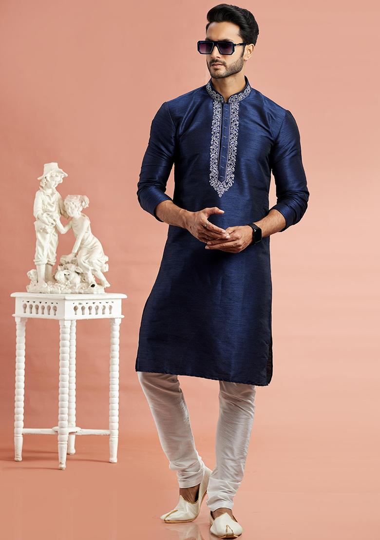 Blue Embroidered Silk Kurta Set For Men