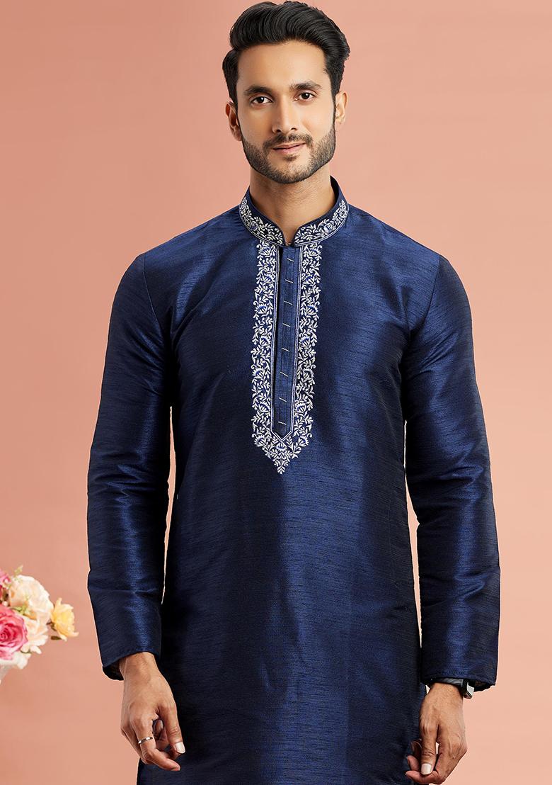 Blue Embroidered Silk Kurta Set For Men