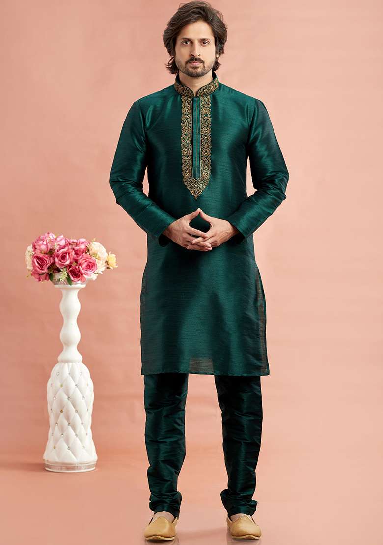 Green Embroidered Silk Blend Kurta Set For Men - Indya