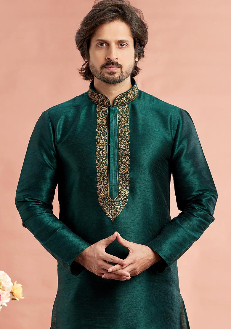 Green Embroidered Silk Kurta Set For Men