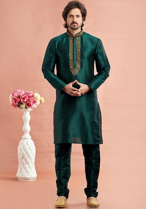 Green Embroidered Silk Kurta Set For Men