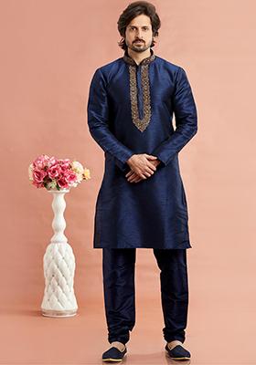 Blue Embroidered Silk Kurta Set For Men