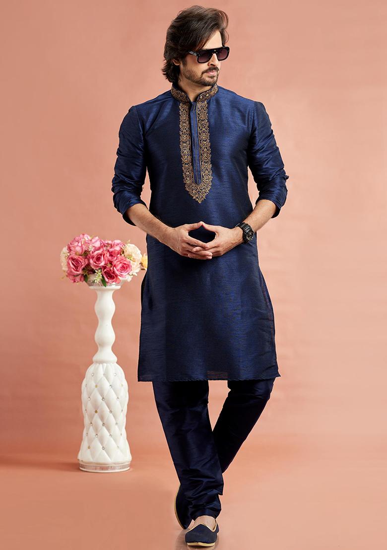Blue Embroidered Silk Kurta Set For Men