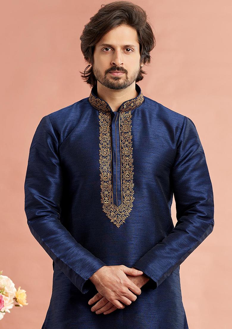 Blue Embroidered Silk Kurta Set For Men