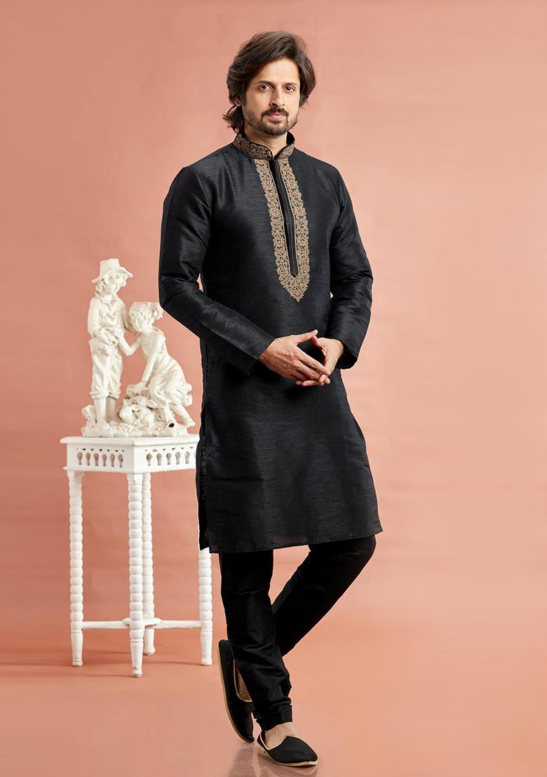 Black Embroidered Silk Kurta Set For Men