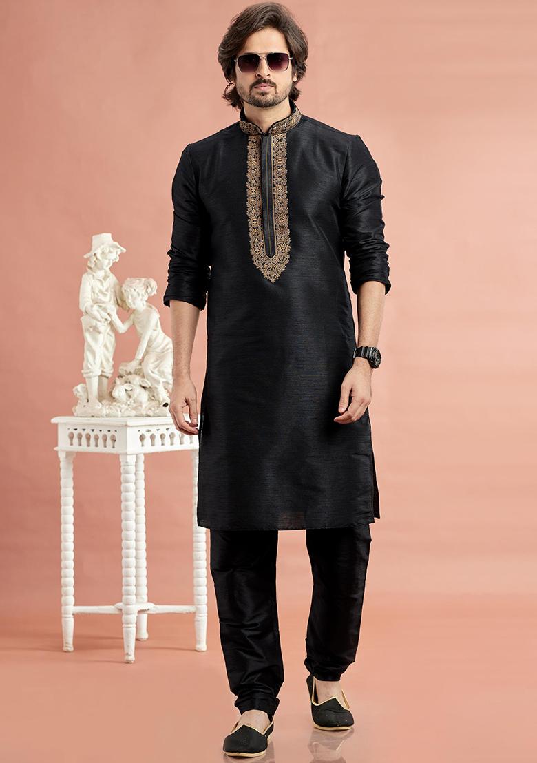 Black Embroidered Silk Kurta Set For Men