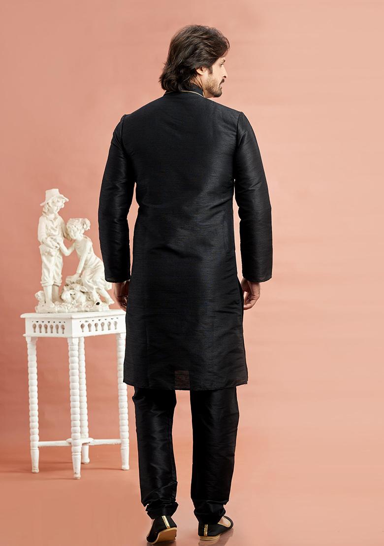 Black Embroidered Silk Kurta Set For Men