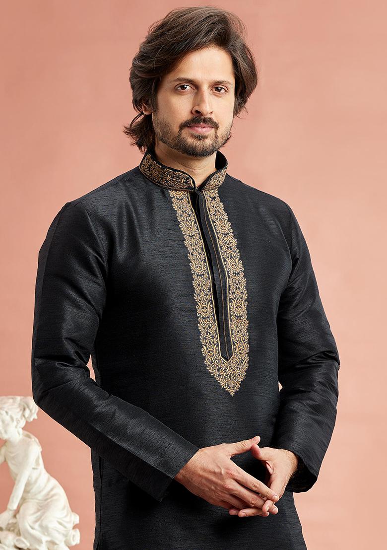 Black Embroidered Silk Kurta Set For Men