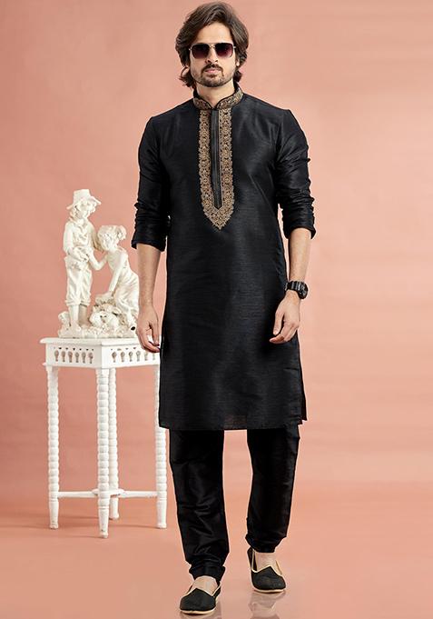 Black Embroidered Silk Kurta Set For Men