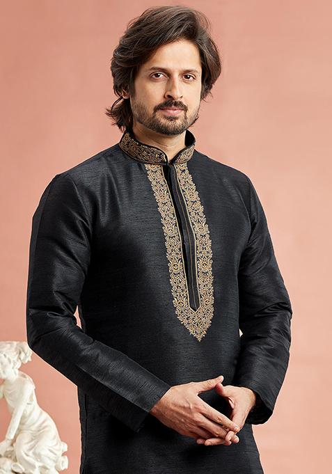 Black Embroidered Silk Kurta Set For Men