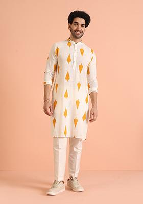 Cream Printed Cotton Kurta Set For Men