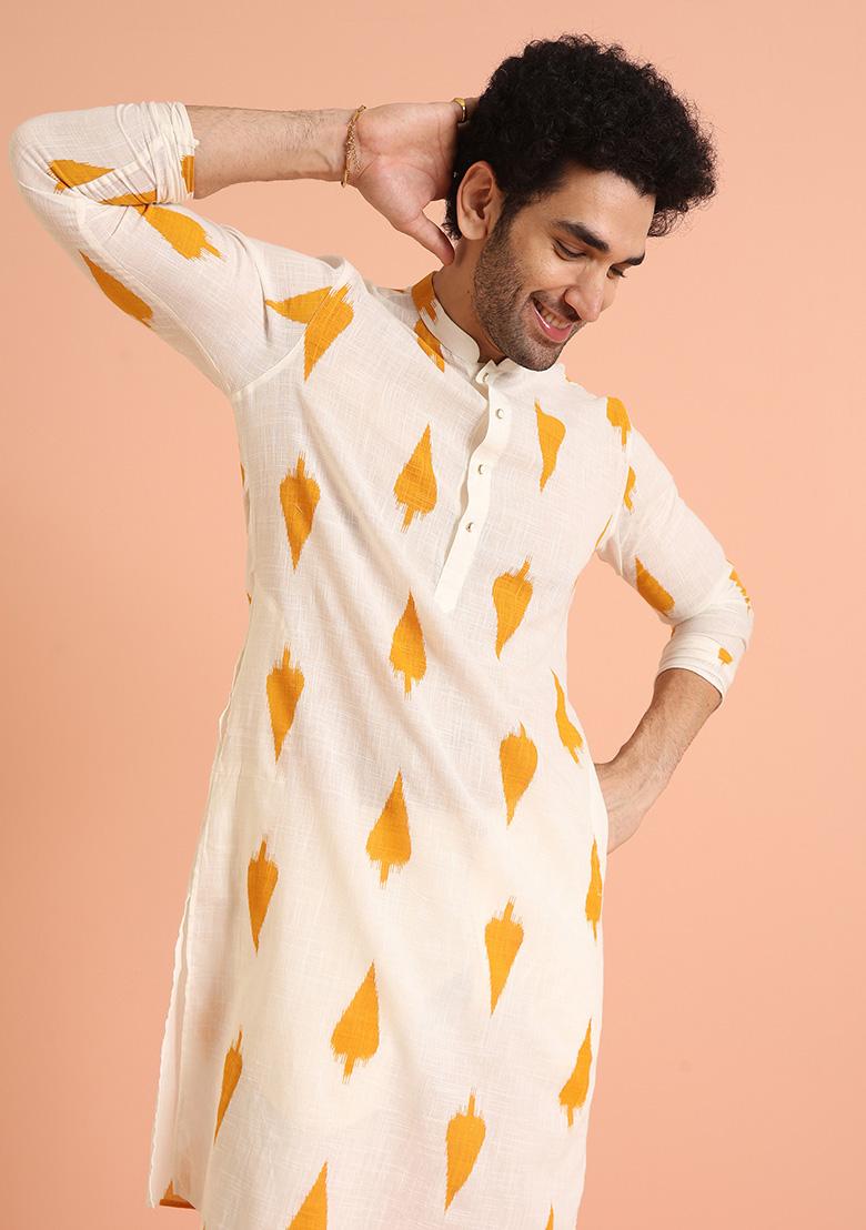 Cream Printed Cotton Kurta Set For Men