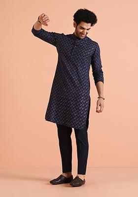 Navy Blue Printed Cotton Kurta Set For Men