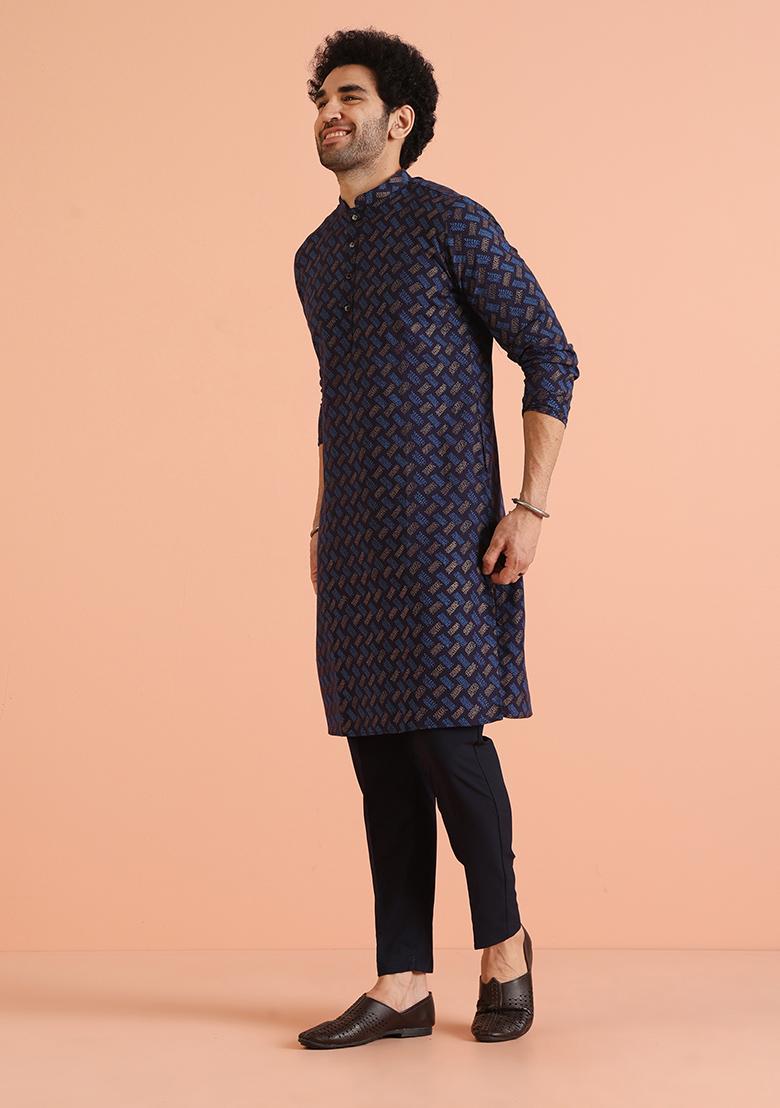 Navy Blue Printed Cotton Kurta Set For Men