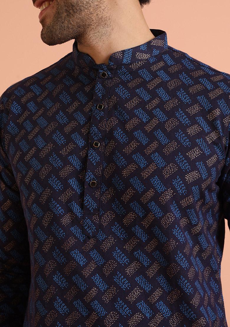 Navy Blue Printed Cotton Kurta Set For Men