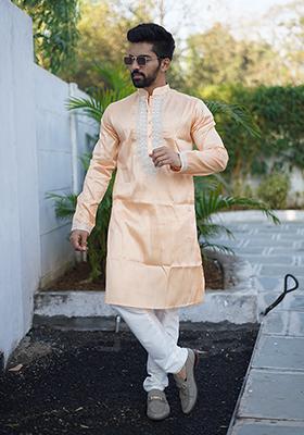 Green Embroidered Cotton Kurta Set For Men