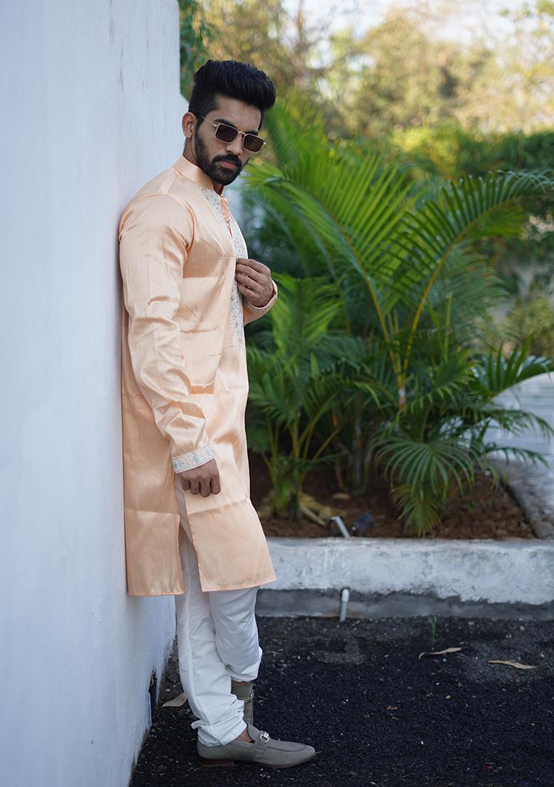 Green Embroidered Cotton Kurta Set For Men