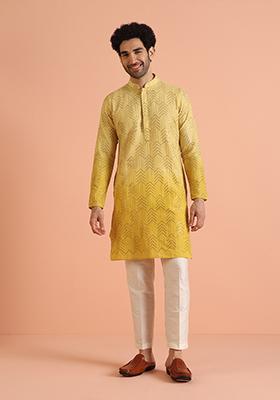 Yellow Embroidered Cotton Kurta Set For Men