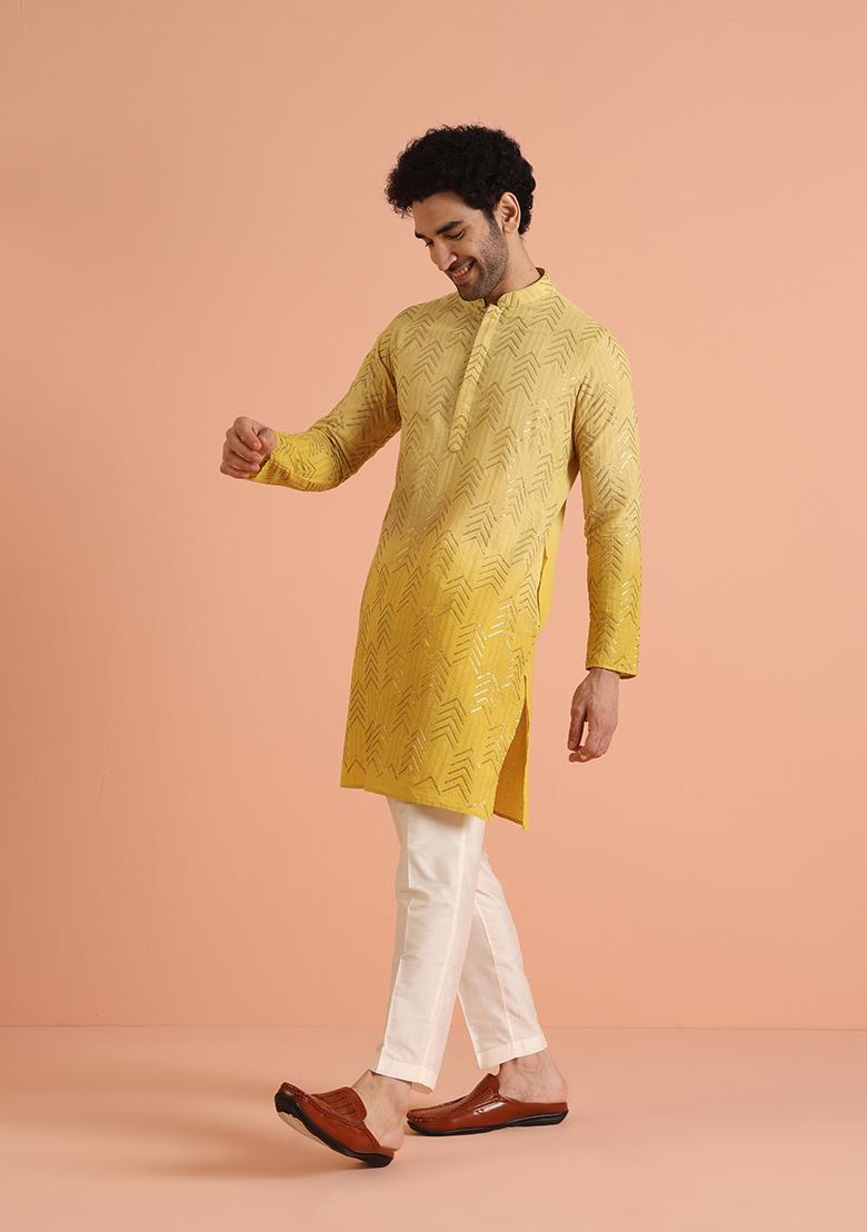 Yellow Embroidered Cotton Kurta Set For Men