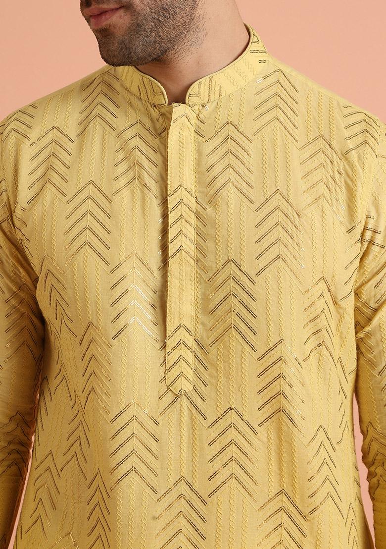 Yellow Embroidered Cotton Kurta Set For Men