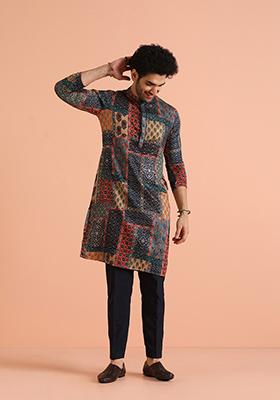 Multi Colour Printed Cotton Kurta Set For Men