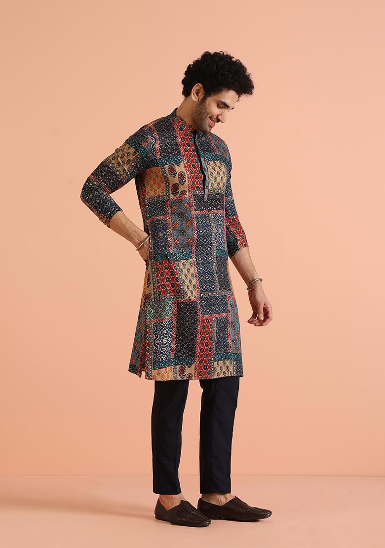 Multi Colour Printed Cotton Kurta Set For Men